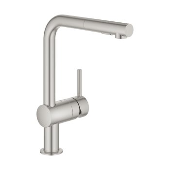 Смеситель для кухни GROHE Minta, высокий L-излив, выдвижная лейка, нержавеющая сталь, шлифованная